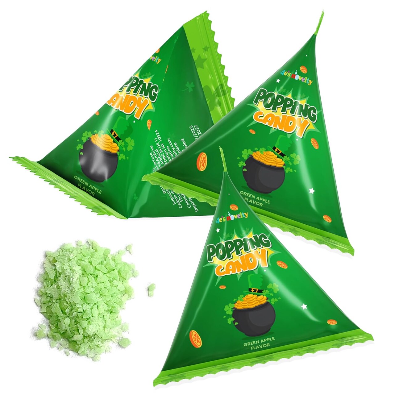 4E's Novelty 40 Pack St. Patrick's Day Popping Candy - Green Apple Flavor Green Rocks, Popping Sensation Fun Crackling St Patty's Day Candy Bulk, Party Favors & Festive Saint Patricks Day Treats